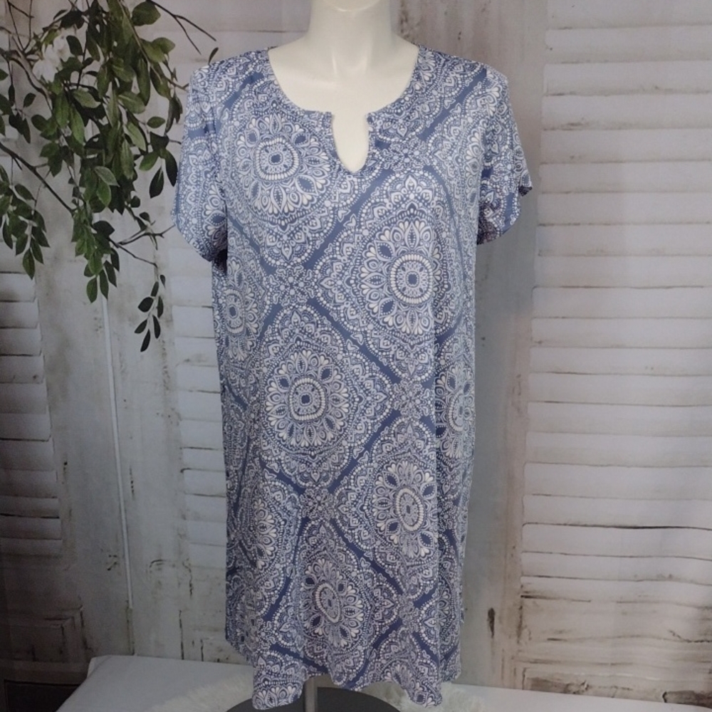 Ruby Rd. Blue And White Patterned T-Shirt Dress Size 1X